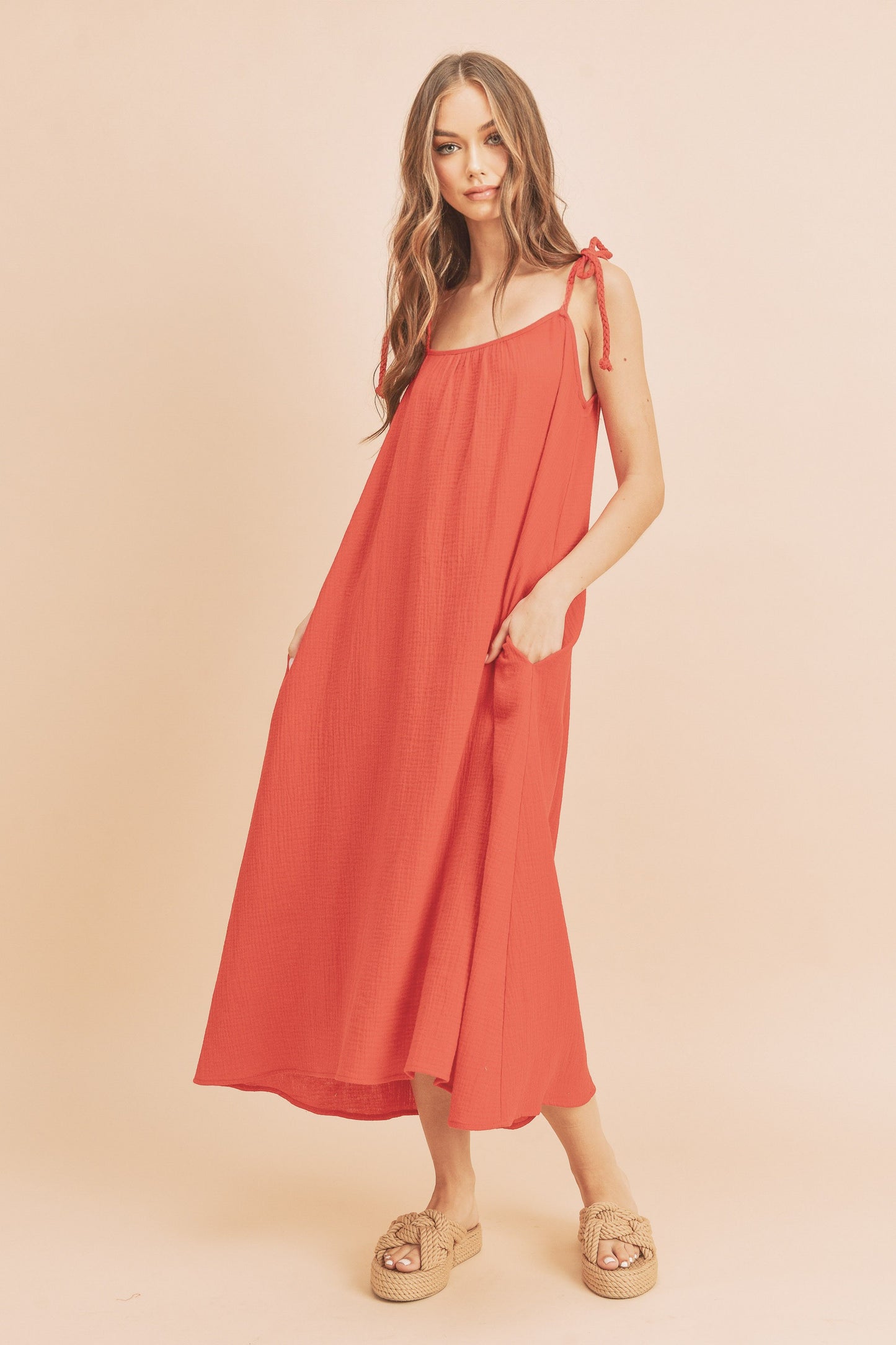 "Olivia Midi Cami Dress with Pockets – Chic, breathable cotton midi dress with a relaxed fit, functional pockets, and a stylish cami neckline."
