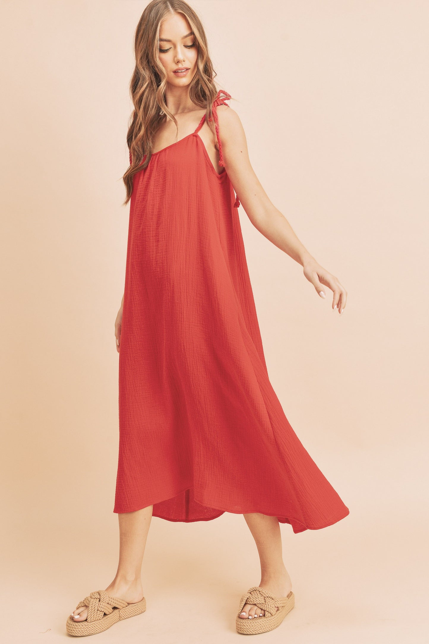 "Olivia Midi Cami Dress with Pockets – Chic, breathable cotton midi dress with a relaxed fit, functional pockets, and a stylish cami neckline."