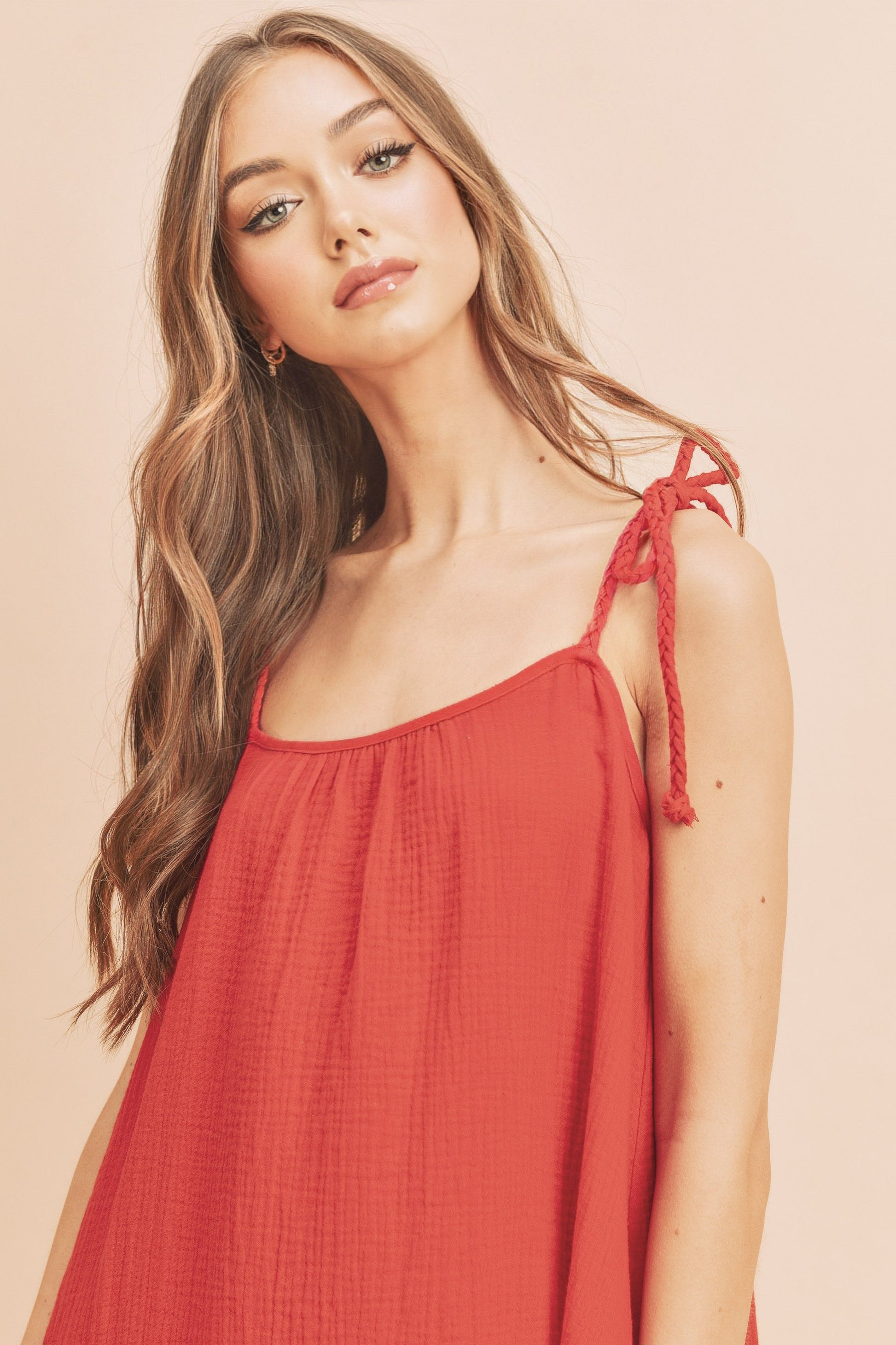 "Olivia Midi Cami Dress with Pockets – Chic, breathable cotton midi dress with a relaxed fit, functional pockets, and a stylish cami neckline."