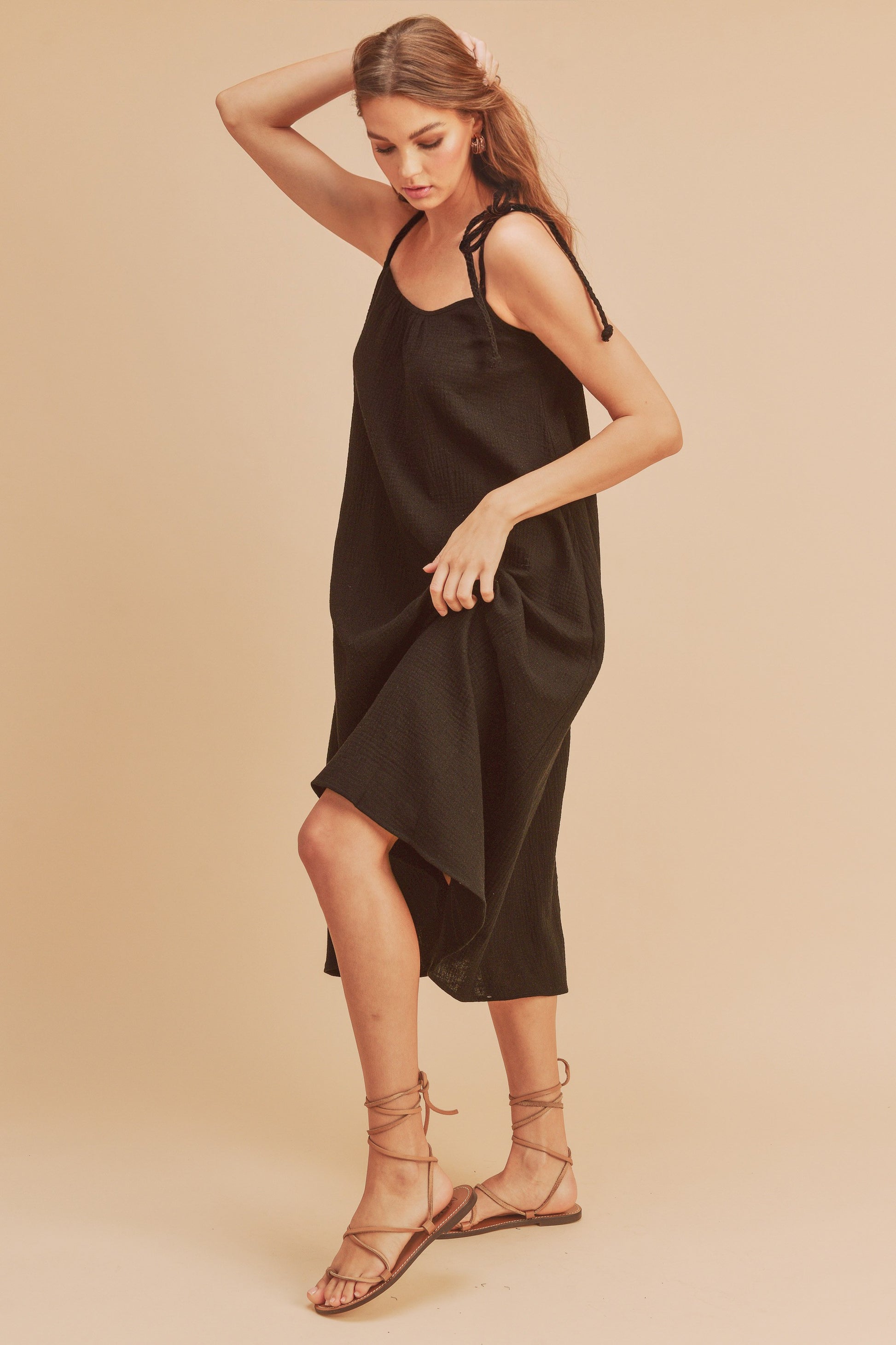 "Olivia Midi Cami Dress with Pockets – Chic, breathable cotton midi dress with a relaxed fit, functional pockets, and a stylish cami neckline."

